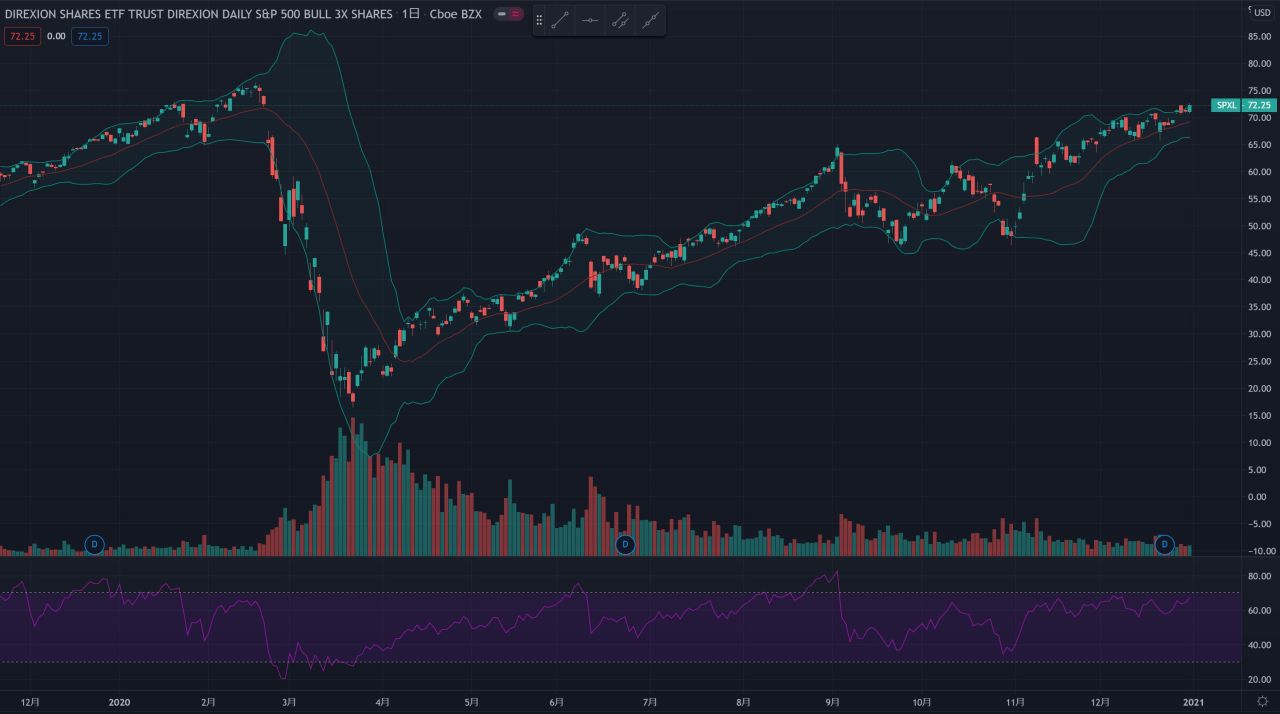 SPXLの2020年の株価チャート。